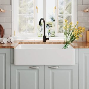 DeerValley DV-1K119 Farmhouse Kitchen Sinks Solid Cast Deep Bowl with Grid