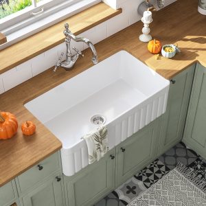DeerValley DV-1K502 Farmhouse Kitchen Sink Deep Spacious Bowl Heat-Resistant Fireclay