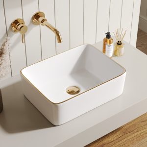 DeerValley Liberty 16"x12" Rectangular Vessel Sink with Gold Trim, White Ceramic Above Counter Bathroom Sink Bowl, DV-1V0366